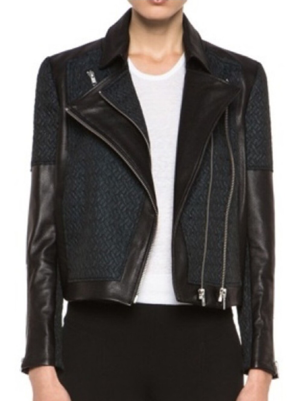 Helmut Lang Peak Jacquard Paneled Lamb Leather Crop Biker Jacket In Everest